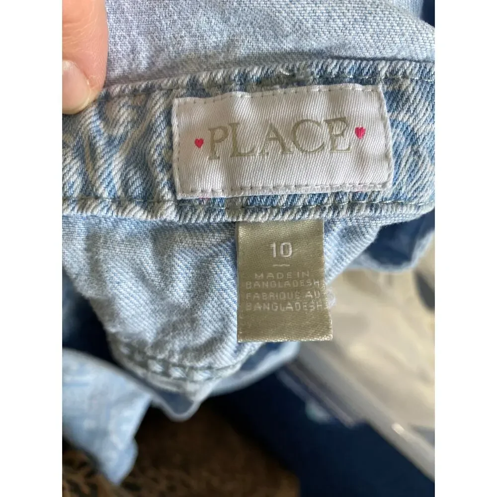 The Children's Place Girls Blue Denim Paisley Overall Shorts Size 10